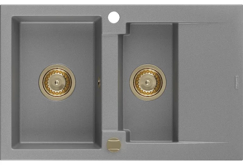 Mexen Gaspar, granitový drez 737x475x177 mm, 1,5-komorový, šedá so zlatým sifónom, 6507731505-71-G