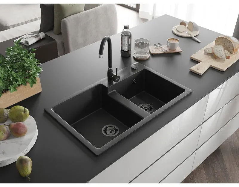 Mexen Tomas, granitový drez 800x500x190 mm, 2-komorový a čierna batéria Telma, čierna, 6516-77-670200-70-B