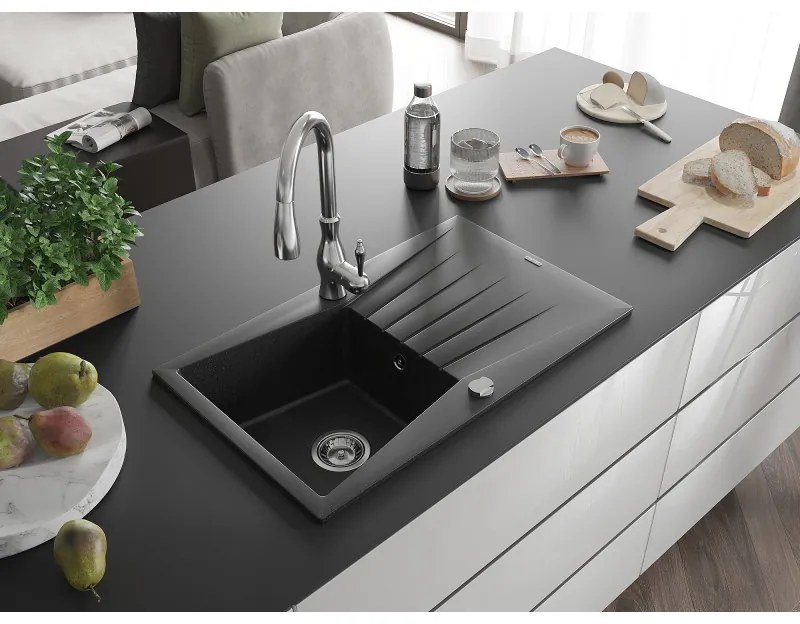 Mexen Cesar, 1-komorový granitový drez 775x470x190 mm a drezová batéria Savita, čierna-strieborná metalíza, 6514-73-672601-00