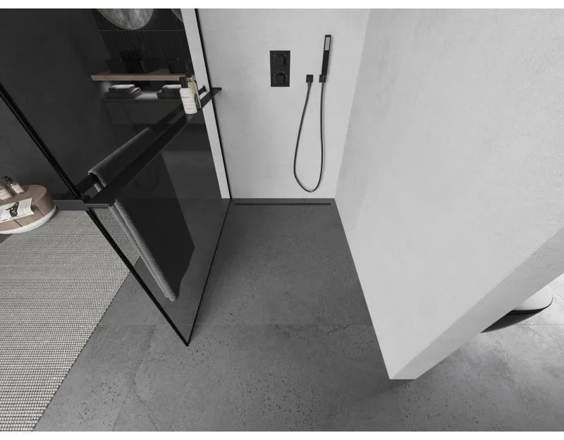 Mexen Kioto+ L, sprchová zástena Walk-In s poličkou a vešiakom 80 x 200 cm, 8mm číre sklo čierny vzor, čierny profil, 800-080-123-70-70