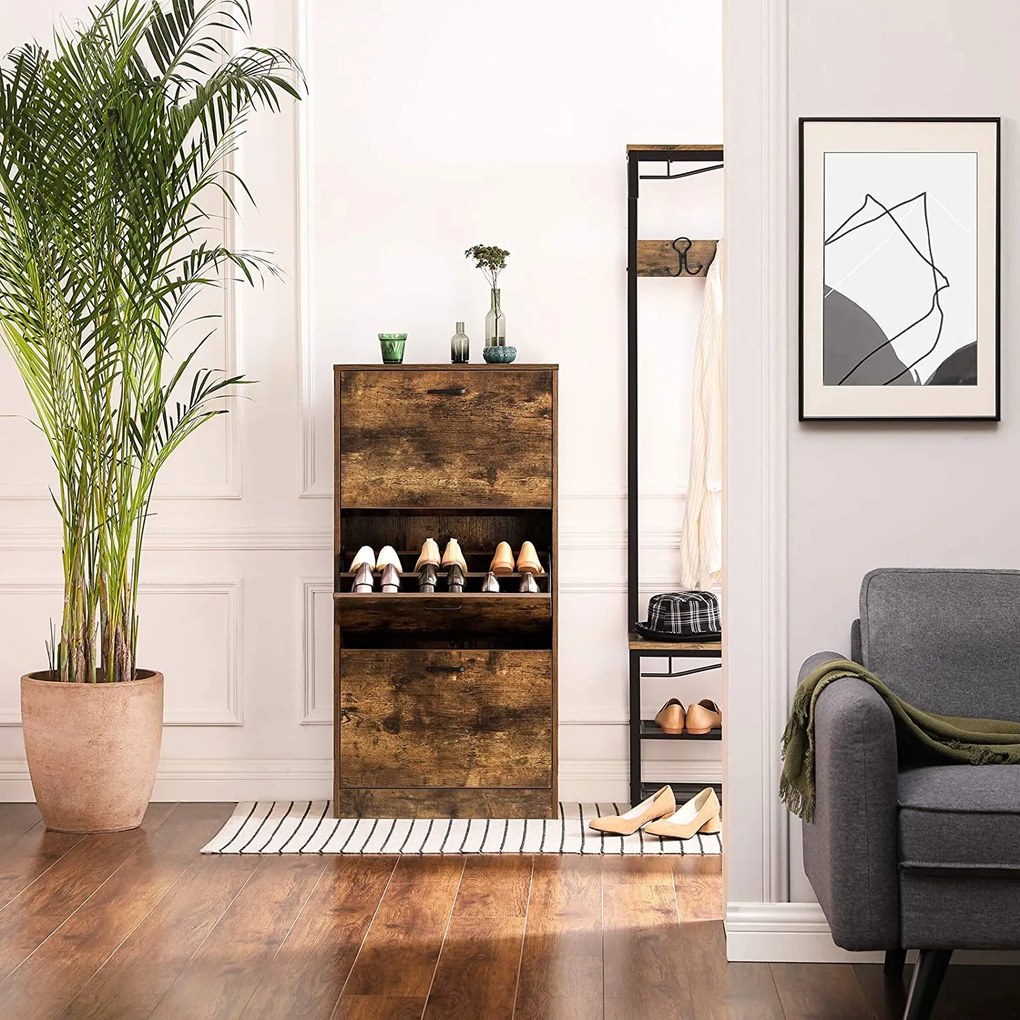 Botník s 3 výklopnými dvierkami, skrinka na topánky, rustikálna hnedá