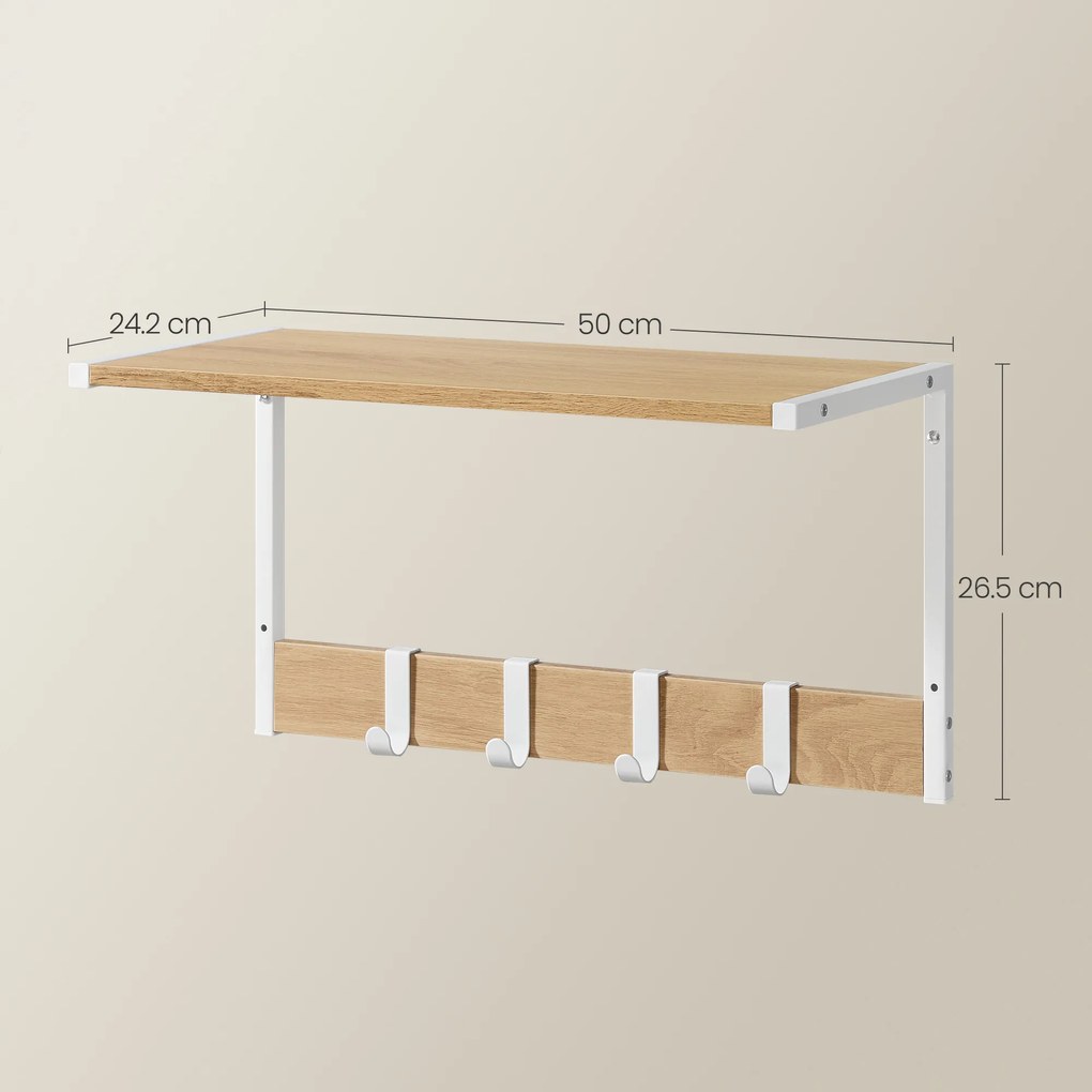 Nástenná polica s háčikmi VELORY sada 2 ks 50x24,2 cm, biela/dub sonoma