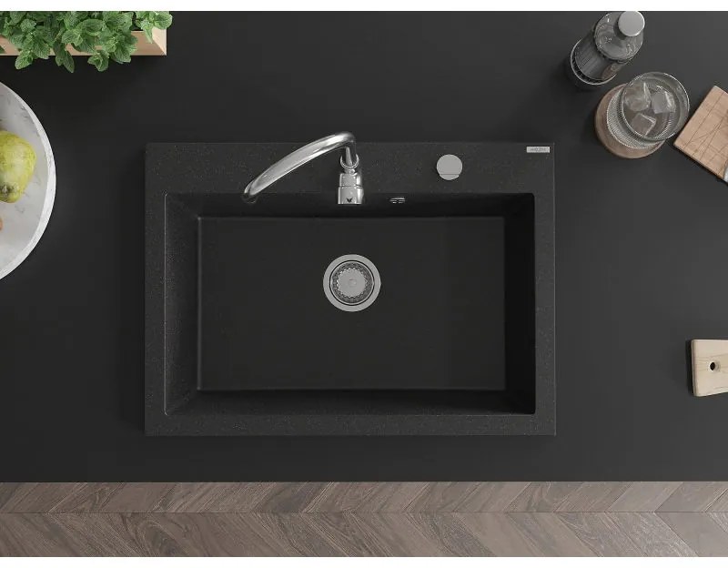 Mexen Elix, 1-korový granitový drez 700 x 500 mm, čierna/strieborná metalíza, chrómový sifón, 6526701005-73