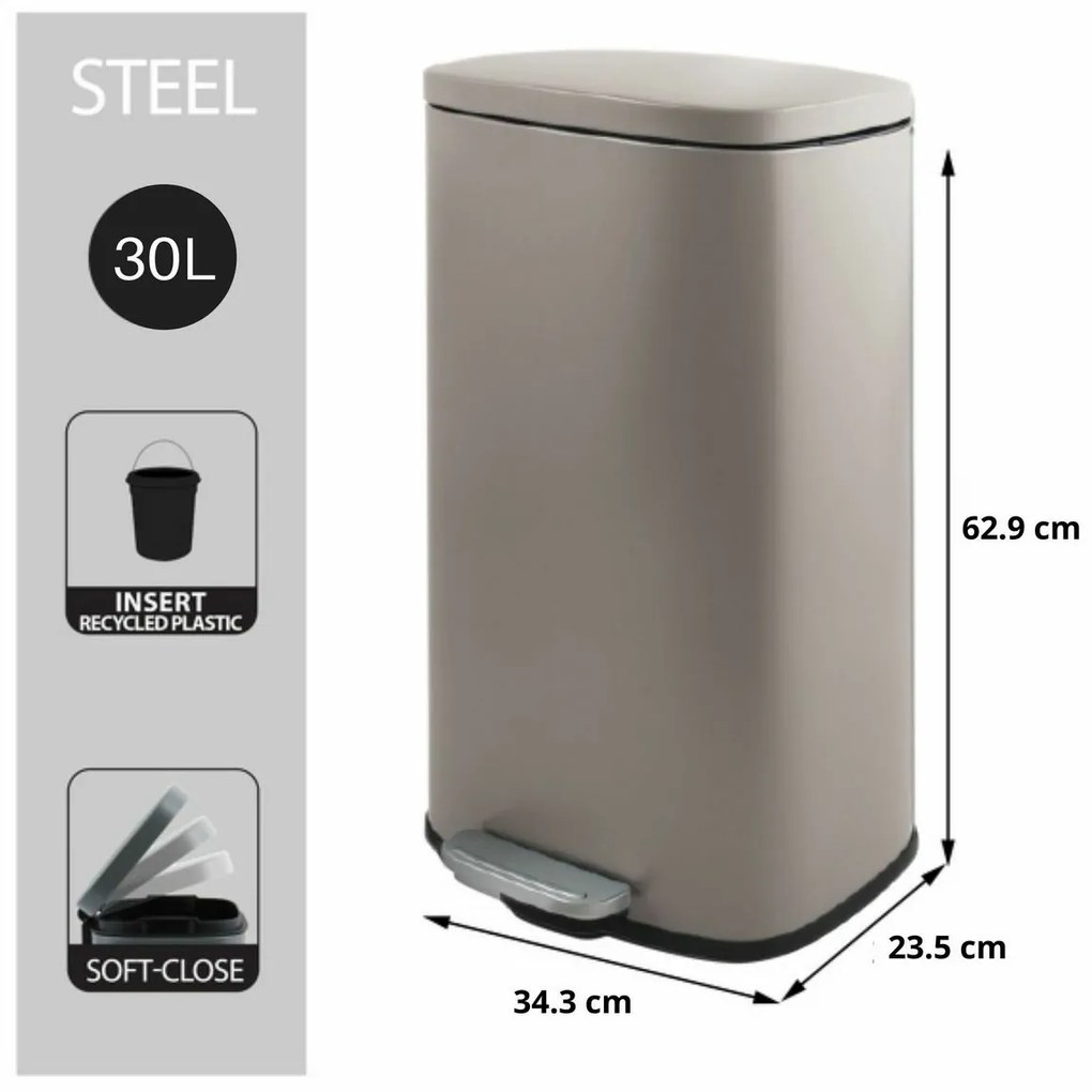 Spirella Akira 30 l odpadkový kôš s pedálom amäkkým zatváraním, matná šedohnedá farba, 30 l