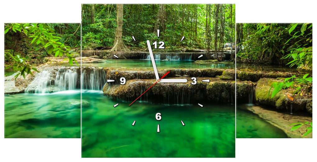 Gario Obraz s hodinami Vodopád Erawan v Thajsku - 3 dielny Rozmery: 80 x 40 cm