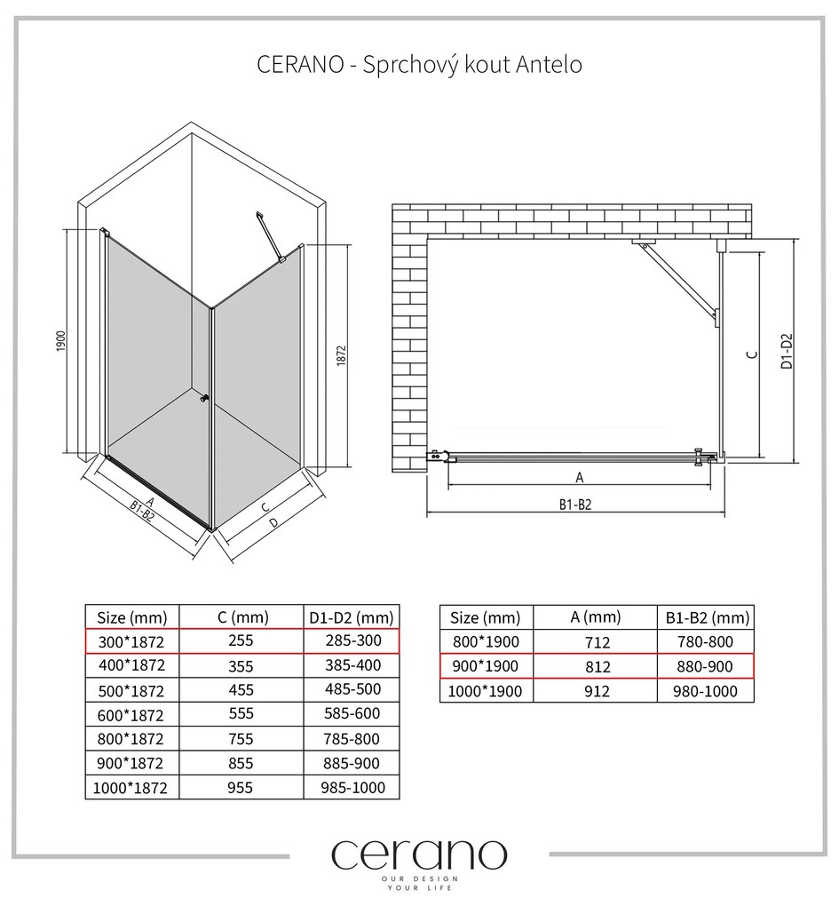 Cerano Antelo, 1-krídlový sprchovací kút 90(dvere) x 30(stena) x 190 cm, 6mm číre sklo, chrómový profil, CER-CER-477380