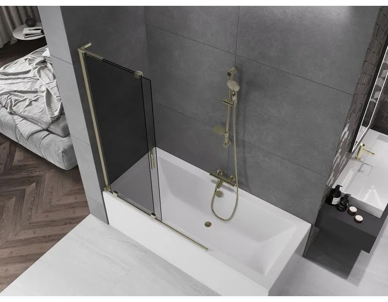 Mexen Velar L, 2-krídlová posuvná vaňová zástena 120 x 150 cm, 8mm šedé sklo, zlatá lesklá, 896-120-003-41-50