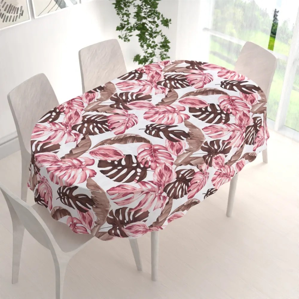 Biante Bavlnený oválny obrus Sandra SA-227 Hnedé a staroružové tropické listy na bielom 140x200 cm