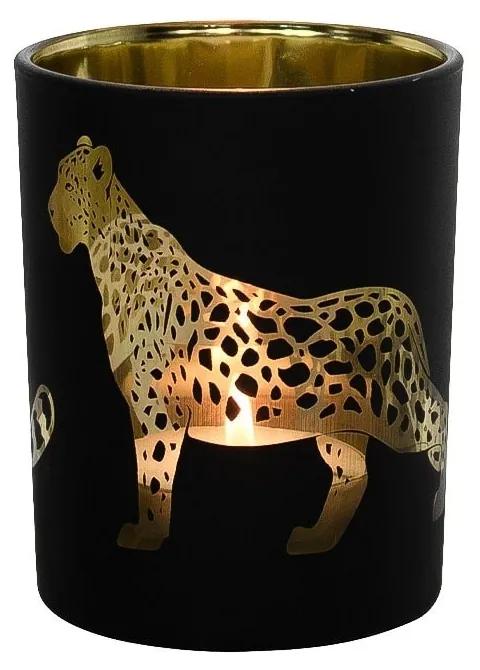 Čierno zlatý sklenený svietnik s jaguárom M - 8 * 8 * 10cm