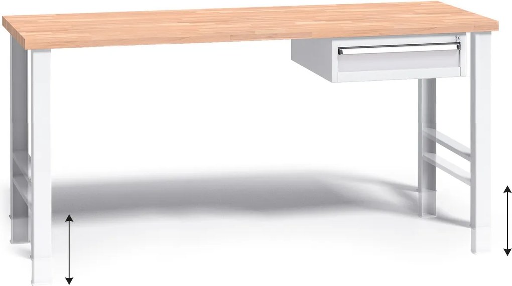 Výškovo nastaviteľný pracovný stôl do dielne G3 so závesným boxom na náradie, buková škárovka, 1 zásuvka, 1700 x 685 x 840 - 1050 mm, sivá