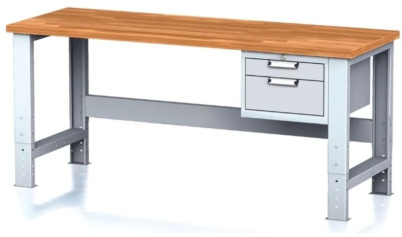 Alfa 3 Nastaviteľný dielenský stôl MECHANIC I, závesný box na náradie, 2 zásuvky, 2000x685x700-1055 mm, sivé dvere