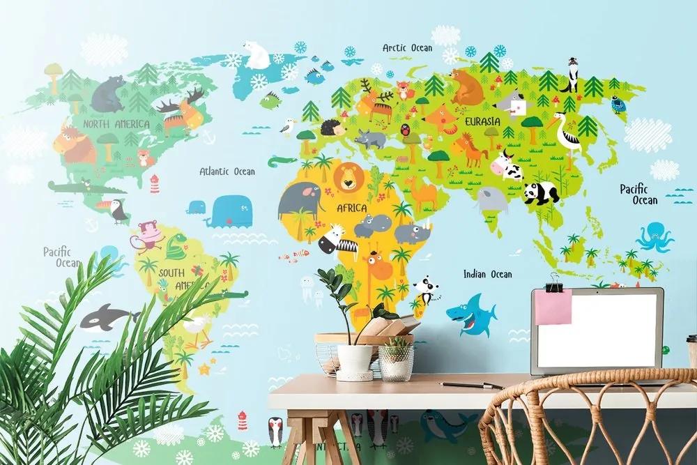 Samolepiaca tapeta detská mapa sveta so zvieratkami - 450x300
