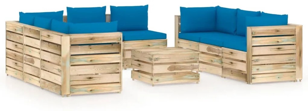 vidaXL 9-dielna sedacia súprava+podložky, zelená, impregnované drevo
