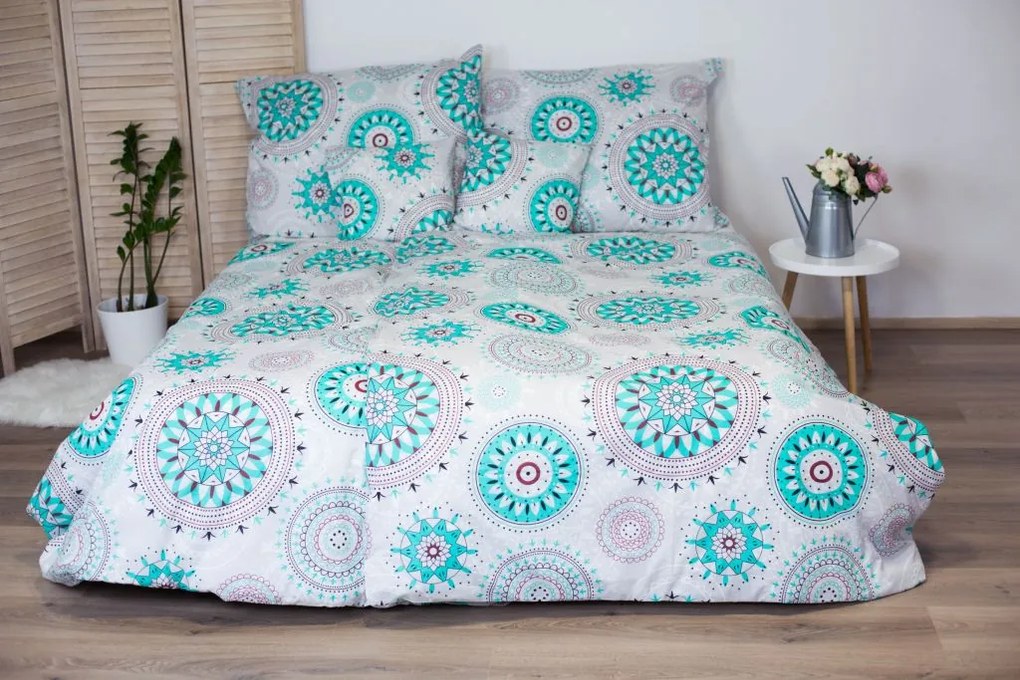 Bavlnené posteľné obliečky 3-dielne Dita - Mandala tyrkys