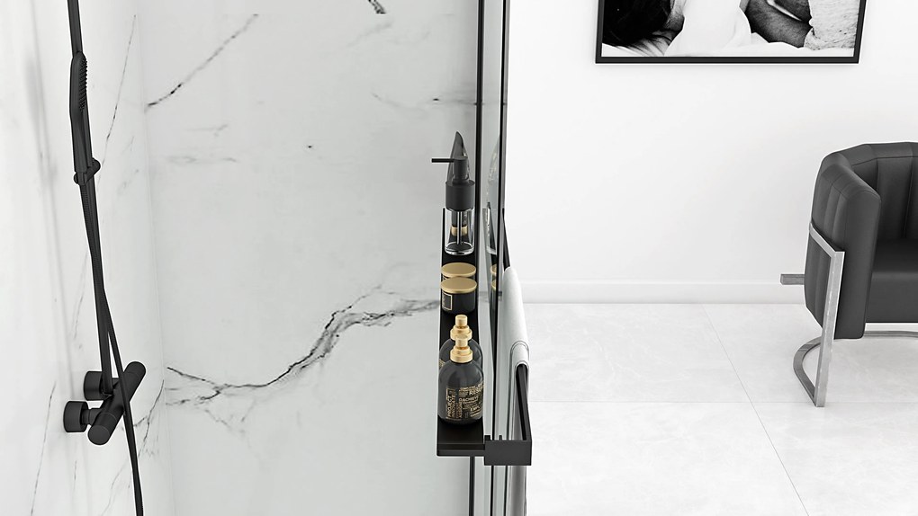 Rea Aero, sprchová zástena typu Walk-In 110cm, 8mm číre sklo, čierny profil + polica a vešiak EVO, KPL-K0597