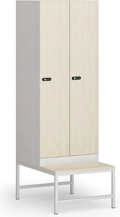 Šatníková skrinka S1 s lavičkou, 2 oddiely, 1875 x 600 x 500/800 mm, demont, mechanický kódový zámok, laminované dvere, breza