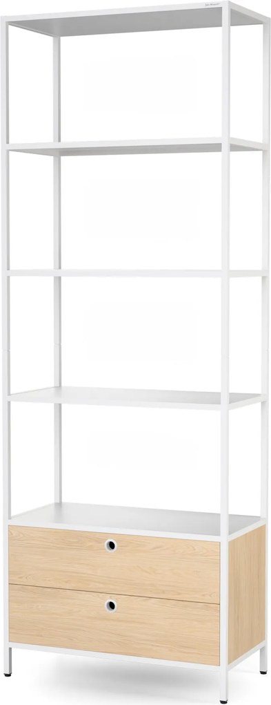 Regál so zásuvkami do kancelárie, na šanóny a dokumenty, otvorené police, kovový, biely/dub sonoma, 800x2200x400 mm: ARIEL Eco Design