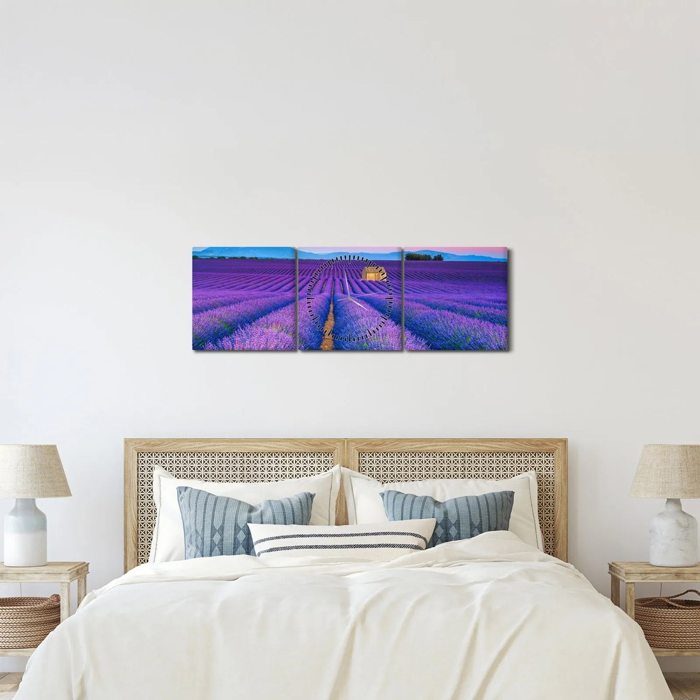 Obraz - Levanduľové pole (s hodinami) (90x30 cm)