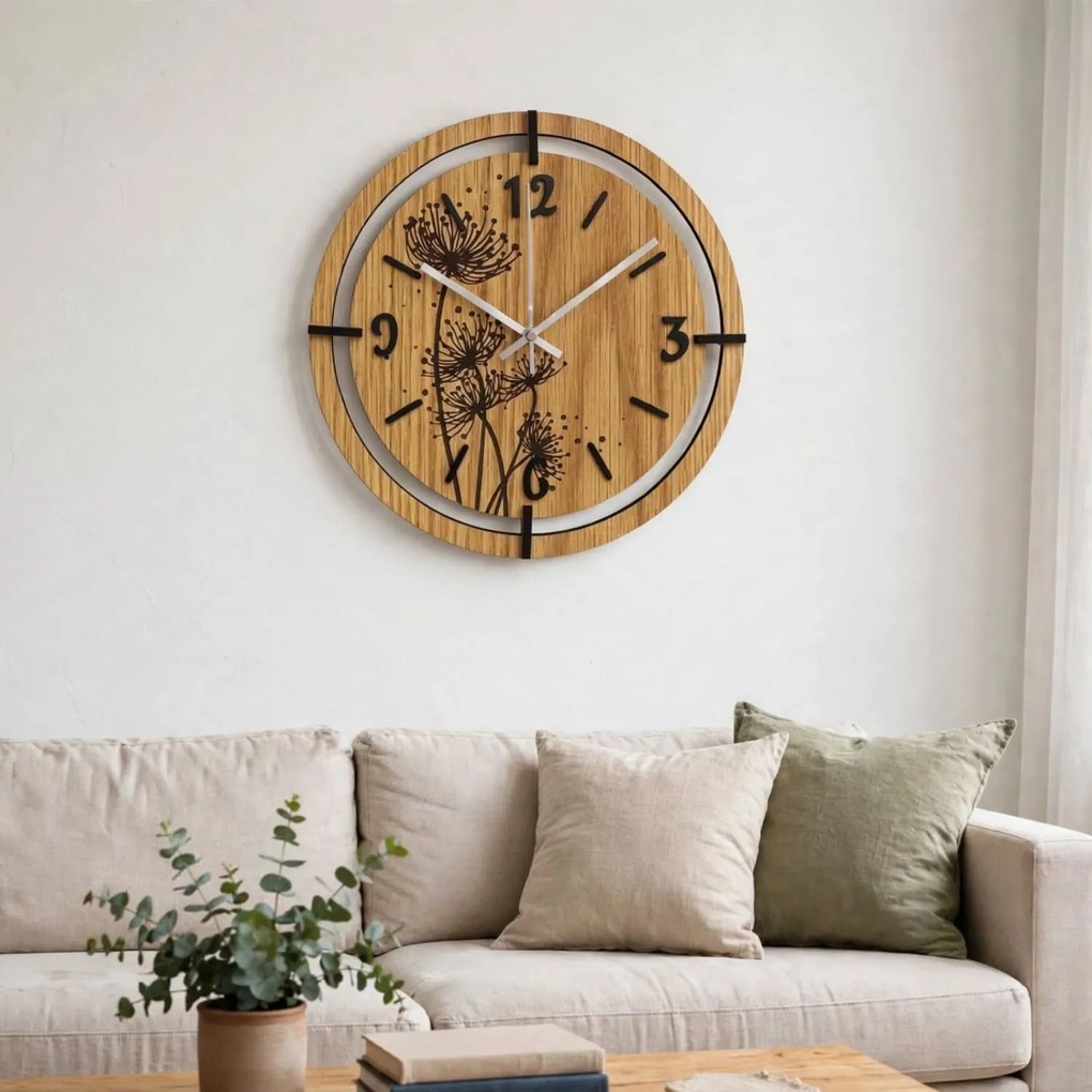 Nástenné hodiny s motívom púpava | LOTI: HDF - Javor 30 cm 4811-115544 HDF0706-ruky-silver