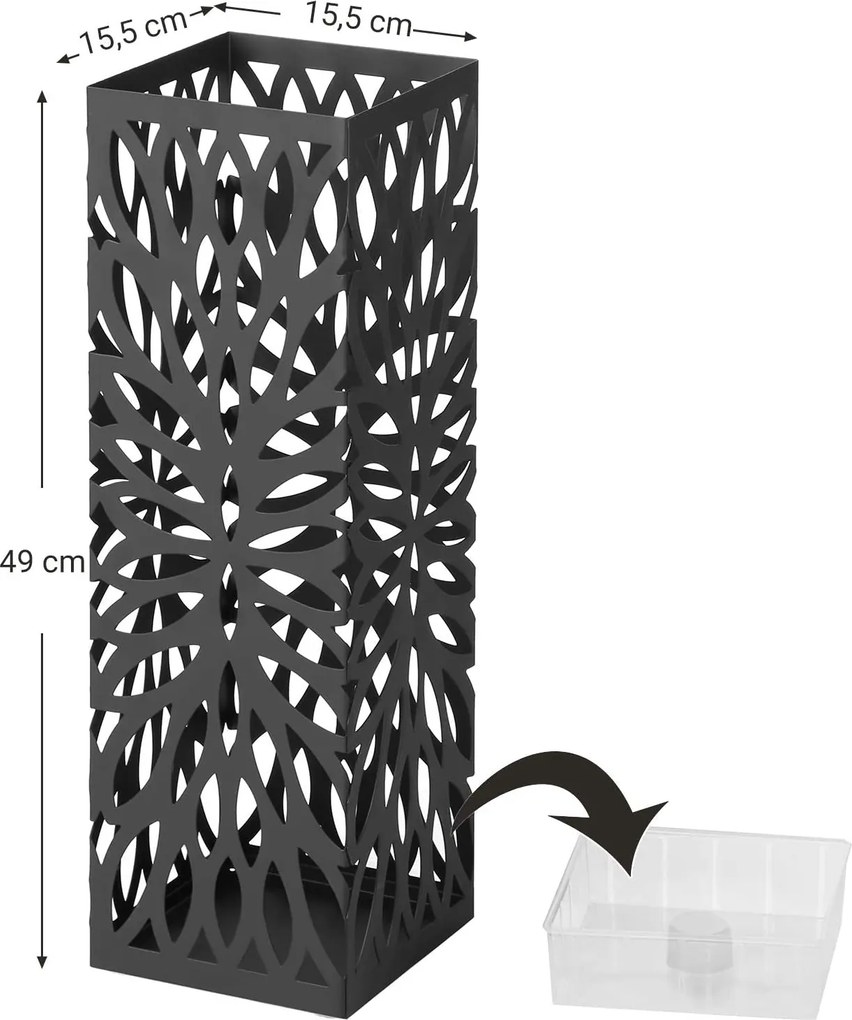 Kovový držiak na dáždniky s háčikmi a odkvapkávačom, čierny