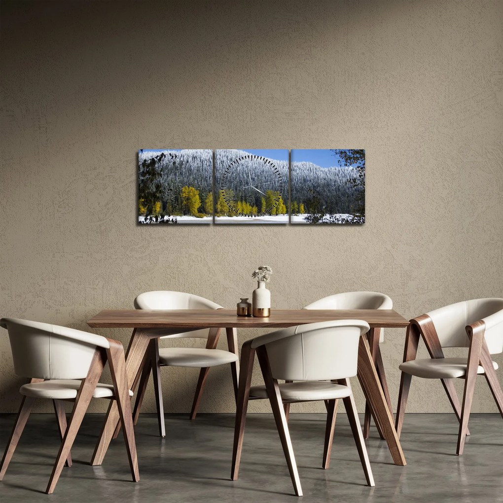 Obraz - zasnežené hory v zime (s hodinami) (90x30 cm)
