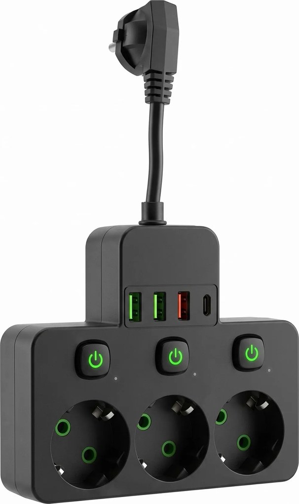 Toolight Toolight, JNH018, zásuvkový rozbočovač 3 zásuvky + 3× USB-A + USB-C s LED svetlom, čierna, OSW-56307