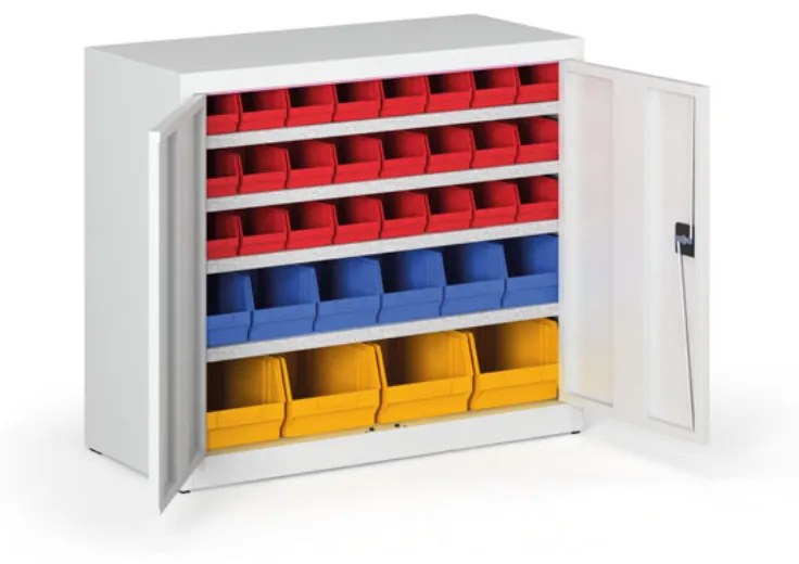 Skriňa s plastovými boxami BASIC - 800 x 400 x 920 mm, 24xA/6xB/4xC, sivá/sivé dvere