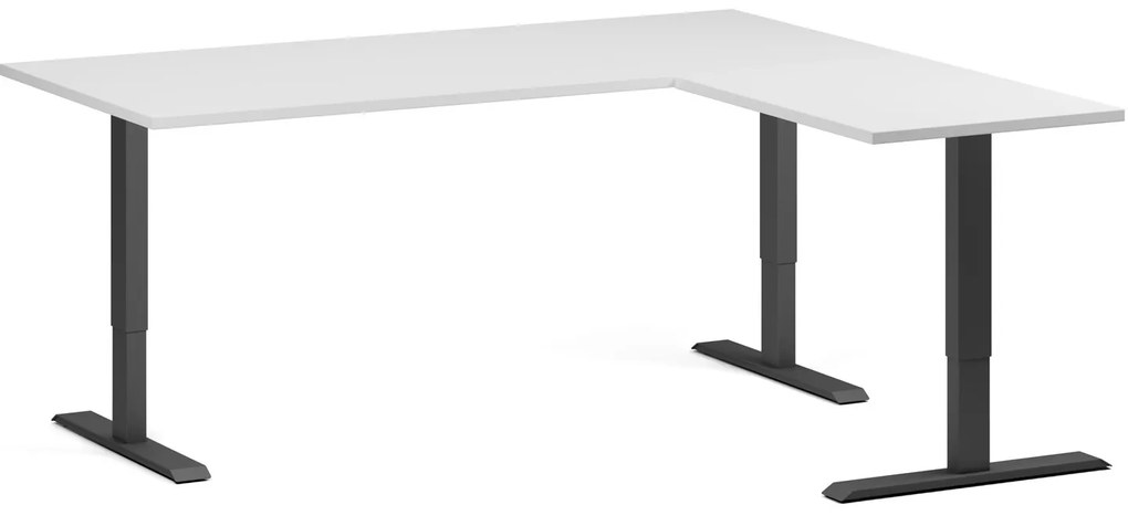 Výškovo nastaviteľný stôl, 180x160 cm, 3 motory, L/P, čierna podnož, biela
