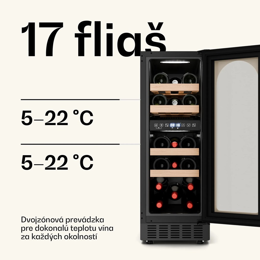 Klarstein Vinovilla Victoria 17 Duo chladnička na víno, 2 chladiace zóny, Dotykové ovládanie, 17 fliaš, 4 police