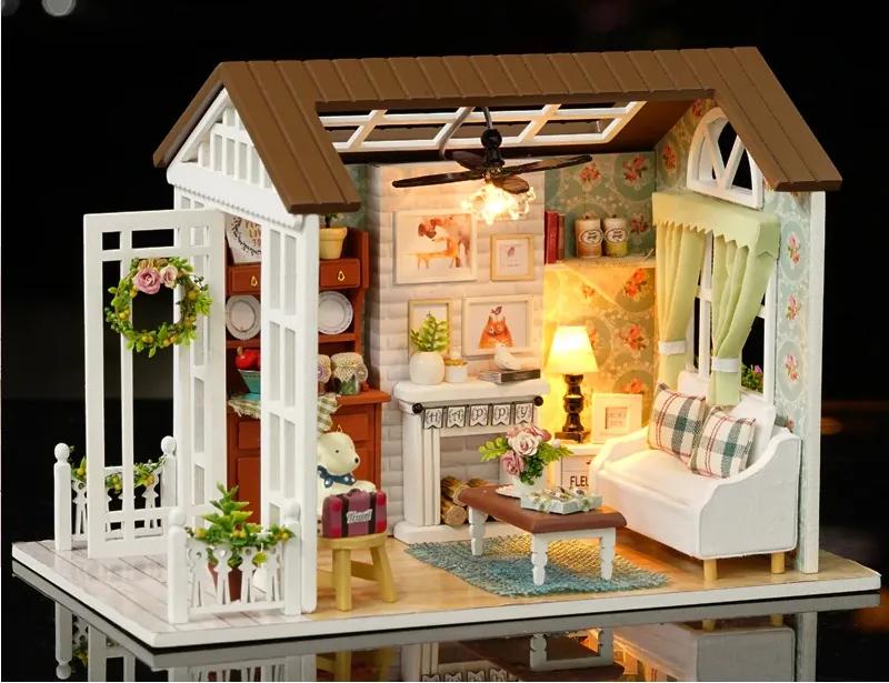 KIK Drevený model obývacej izby pre bábiky na zostavenie LED 8008-A