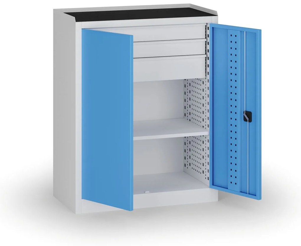 Policová dielenská skriňa 2-dverová, 1 police + 3 zásuvky, 1180 × 950 × 500 mm, modré dvere