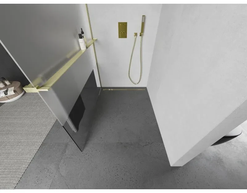 Mexen Kioto+ L, sprchová zástena Walk-In s poličkou a vešiakom 80 x 200 cm, 8mm číre sklo-námraza, zlatý matný profil, 800-080-123-55-35