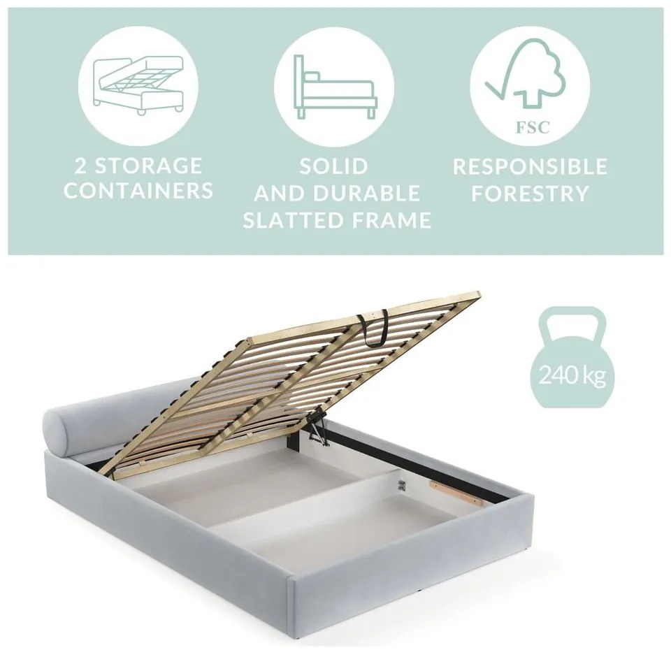 Svetlosivá čalúnená dvojlôžková posteľ s úložným priestorom s roštom 200x200 cm Solvo – Maison de Rêve