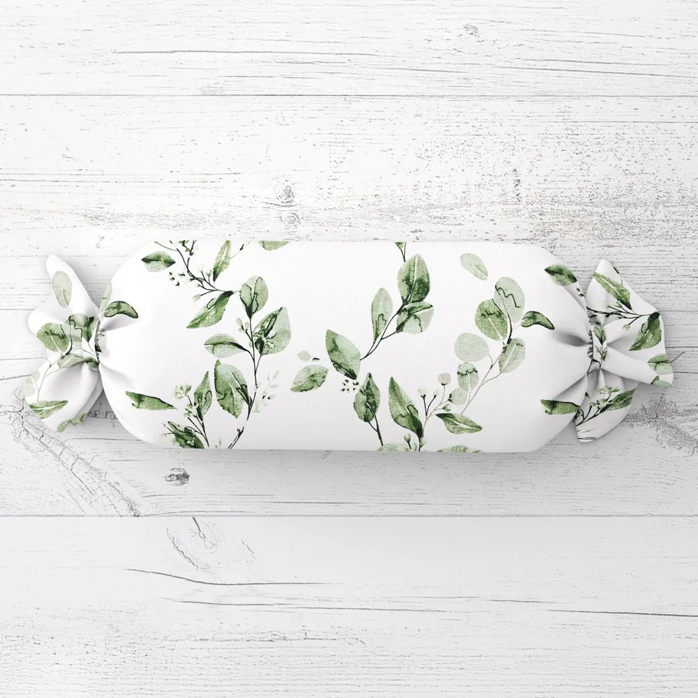 Biante Vankúš valec bonbon Sandra SA-422 Zelené listy na bielom 15x60 cm