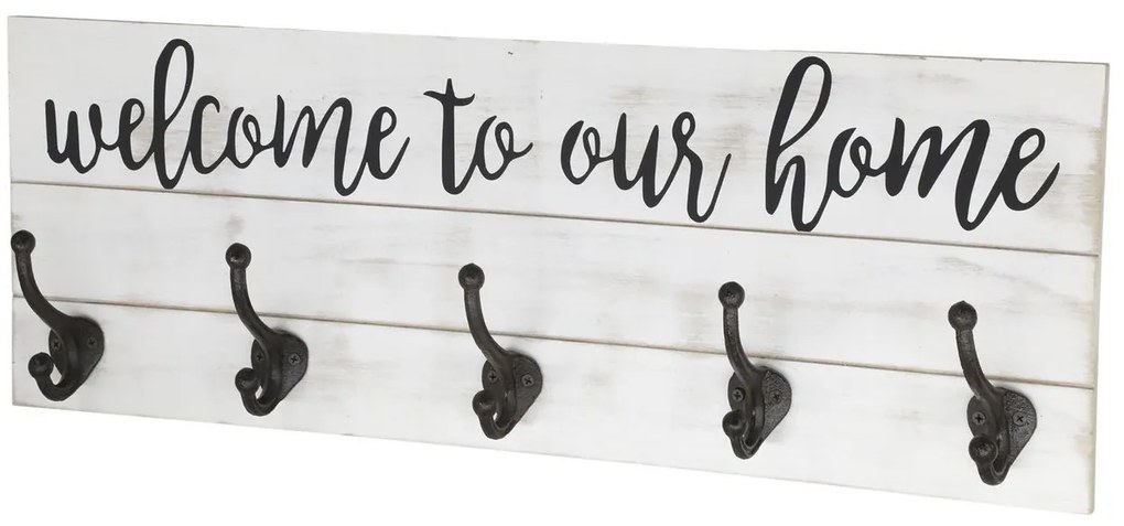 Krémový antik nástenný vešiak s háčikmi Welcome - 70*8*25 cm