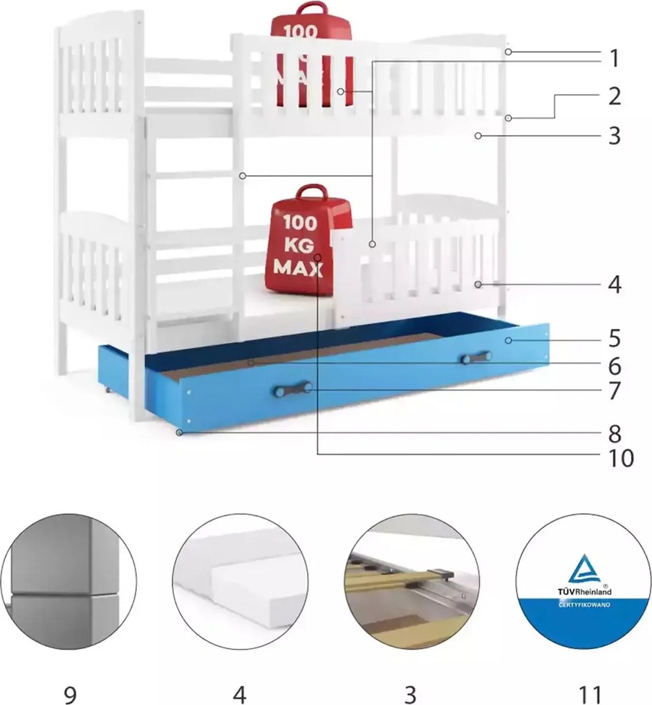 Poschodová posteľ KUBO 190x90 | biela - modrá