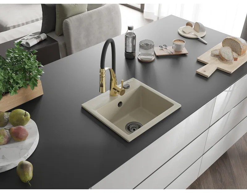Mexen Milo, 1-komorový granitový drez 435x410x171 mm a drezová batéria Aster, béžová, 6505-69-73450-57-B