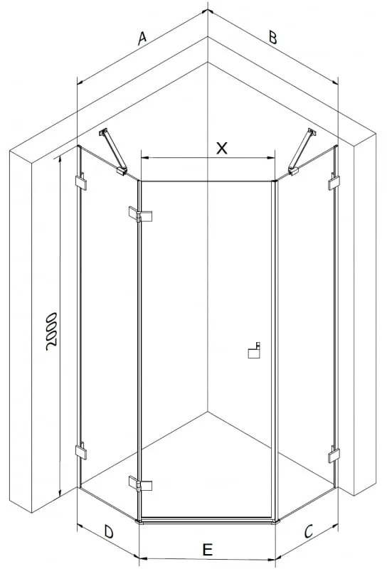 Mexen Lunar, päťuholníkový sprchový kút s ľavým náklonom 100 x 90 cm, 8mm číre sklo, oceľový profil, 831-100L-090P-97-00-L
