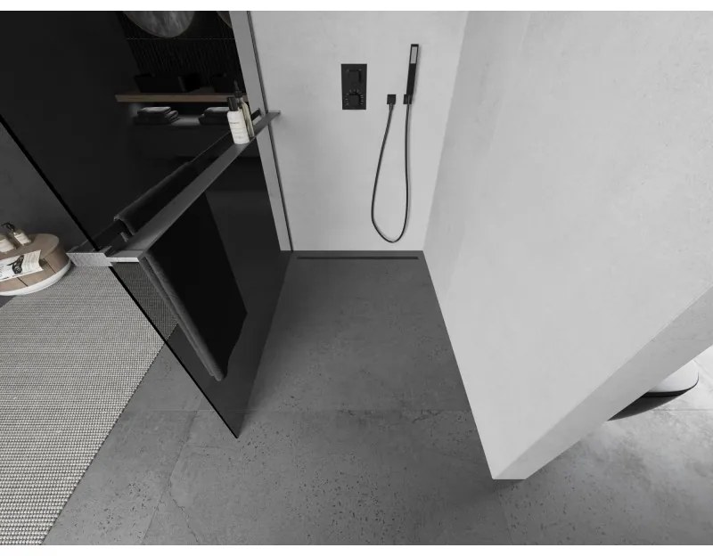 Mexen Kioto+, sprchová zástena Walk-In s poličkou a vešiakom 110 x 200 cm, 8mm šedé sklo, grafitový profil, 800-110-121-66-40