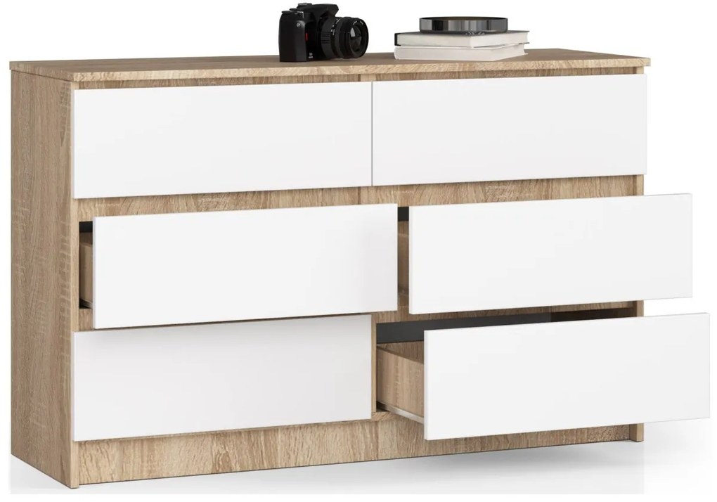 Komoda Kuba 120 cm 6 zásuviek dub sonoma/biela