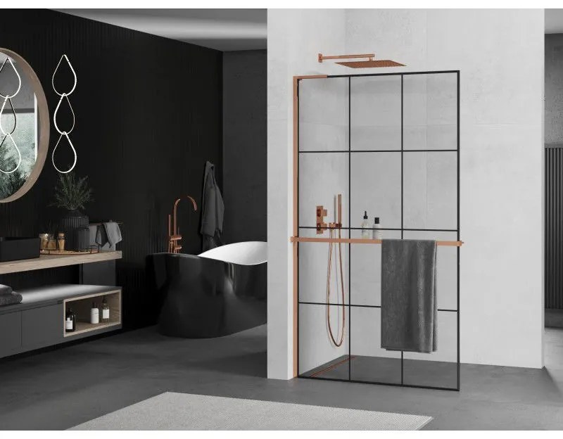 Mexen Kioto+ L, sprchová zástena Walk-In s poličkou a vešiakom 110 x 200 cm, 8mm číre sklo čierny vzor, ružové zlato profil, 800-110-123-60-77