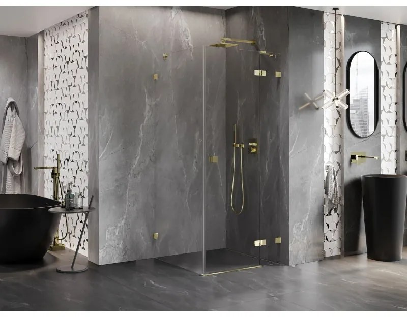 Mexen Lunar, výklopný sprchový kút pravý 90 x 90 cm, 8mm číre sklo, zlatý profil, 834-090-090-50-00-P