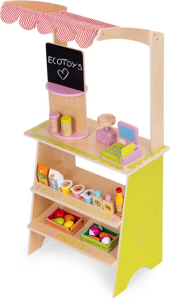 Detský drevený stánok ECOTOYS pre deti 3+ s pokladňou, terminálom, váhou, 20 dielov