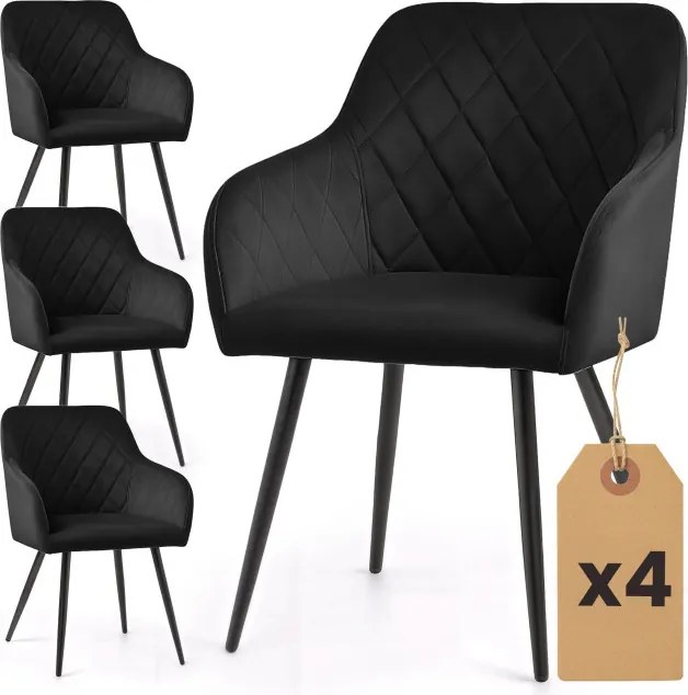 Sada štyroch jedálenských stoličiek VELTO zamatové, čierne / čierne nohy (4 ks)