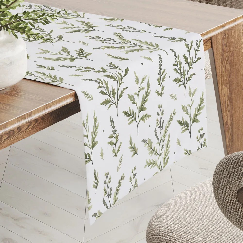 Biante Bavlnený behúň na stôl Sandra SA-718 Zelené vňate byliniek na bielom 20x120 cm