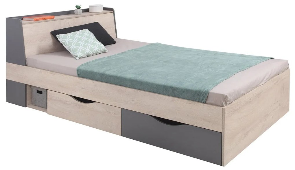 Posteľ do študentskej izby Pionier PO14 / 15 L / P, Rozmer postele: 90x200 cm, Farby: dub / dub + antracyt
