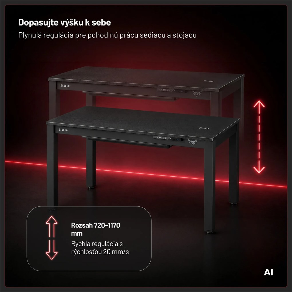 Herný stôl elektricky nastaviteľný, vstavaná bezdrôtová nabíjačka QI a USB: Diablo X-RIFT čierny