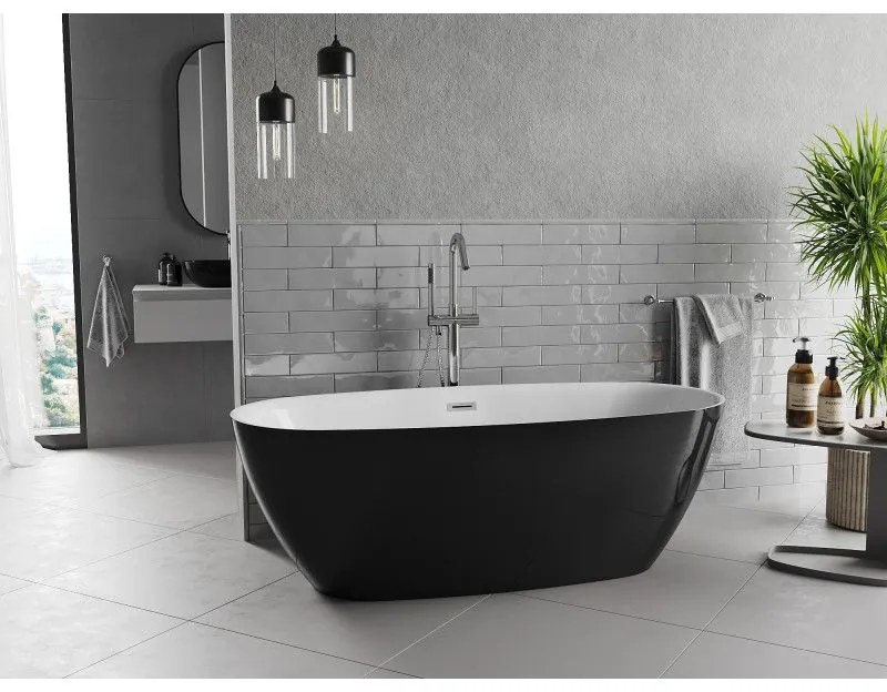 Mexen Luvo Slim, voľne stojaca vaňa 170 × 75 cm, biela-čierna, chrómový prepad, 52801707575-01