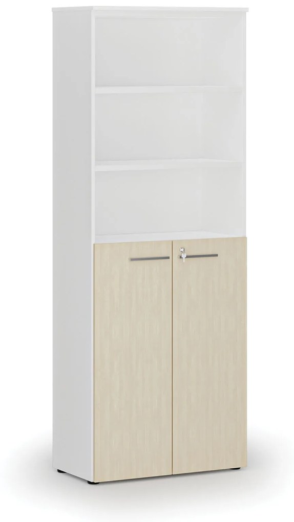 Kombinovaná kancelárska skriňa PRIMO WHITE, dvere na 3 poschodia, 2128 x 800 x 420 mm, biela/breza
