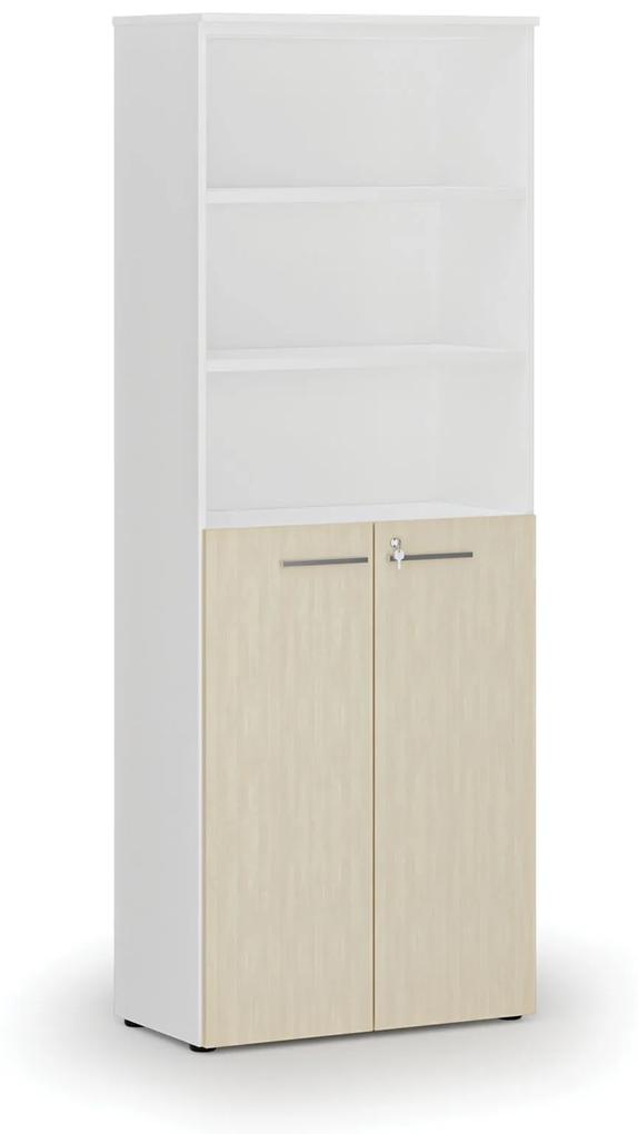 Kombinovaná kancelárska skriňa PRIMO WHITE, dvere na 3 poschodia, 2128 x 800 x 420 mm, biela/buk
